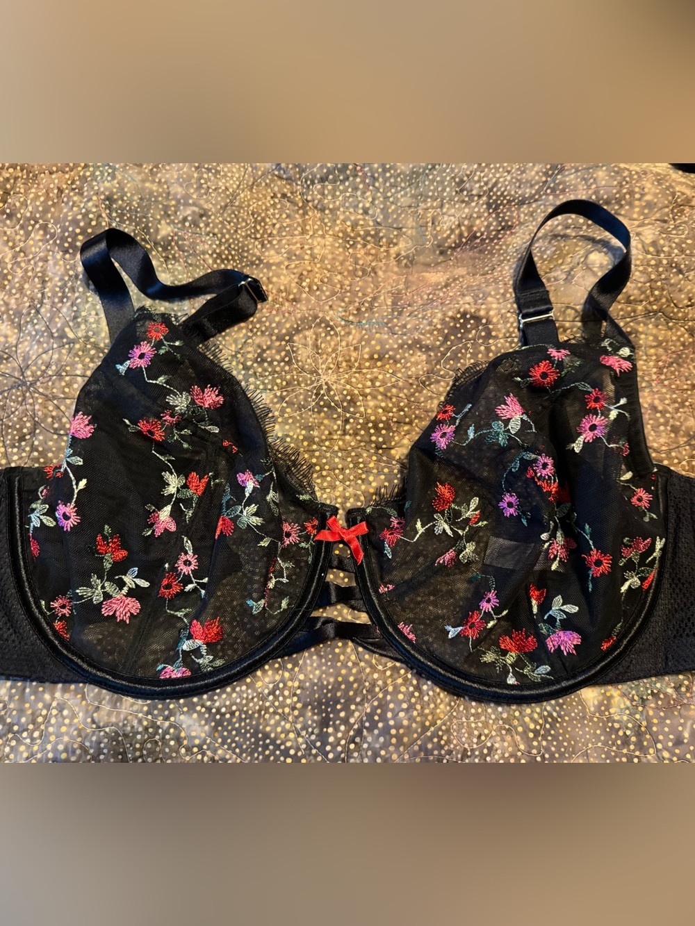 Cacique Black Sheer Floral Embroidered Underwire Bra with Red Accent